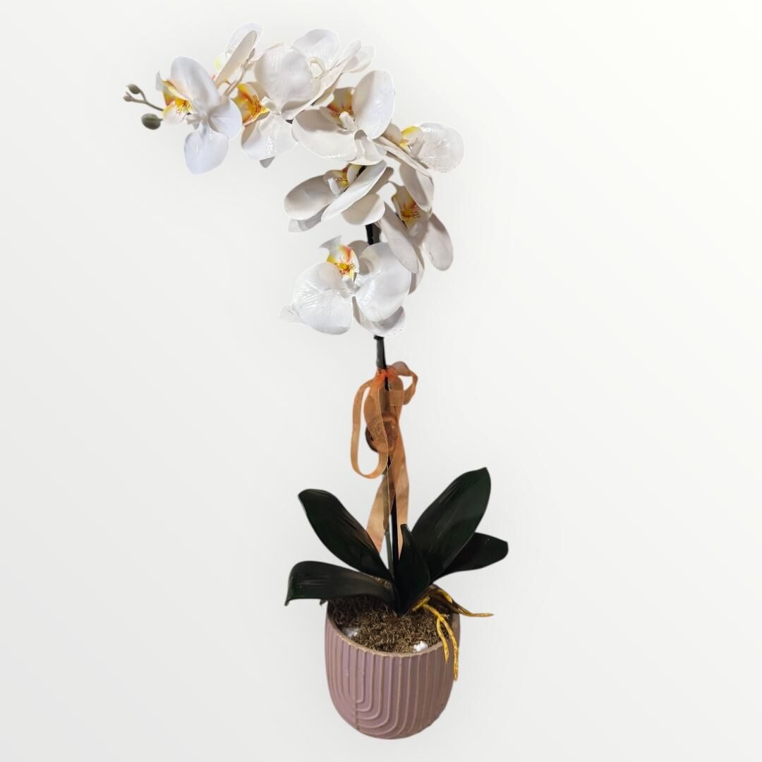 Yapay Tek Dal Beyaz Orkide (Twister Saksı)
