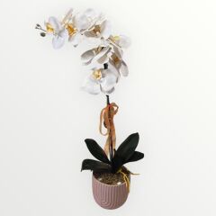 Yapay Tek Dal Beyaz Orkide (Twister Saksı)