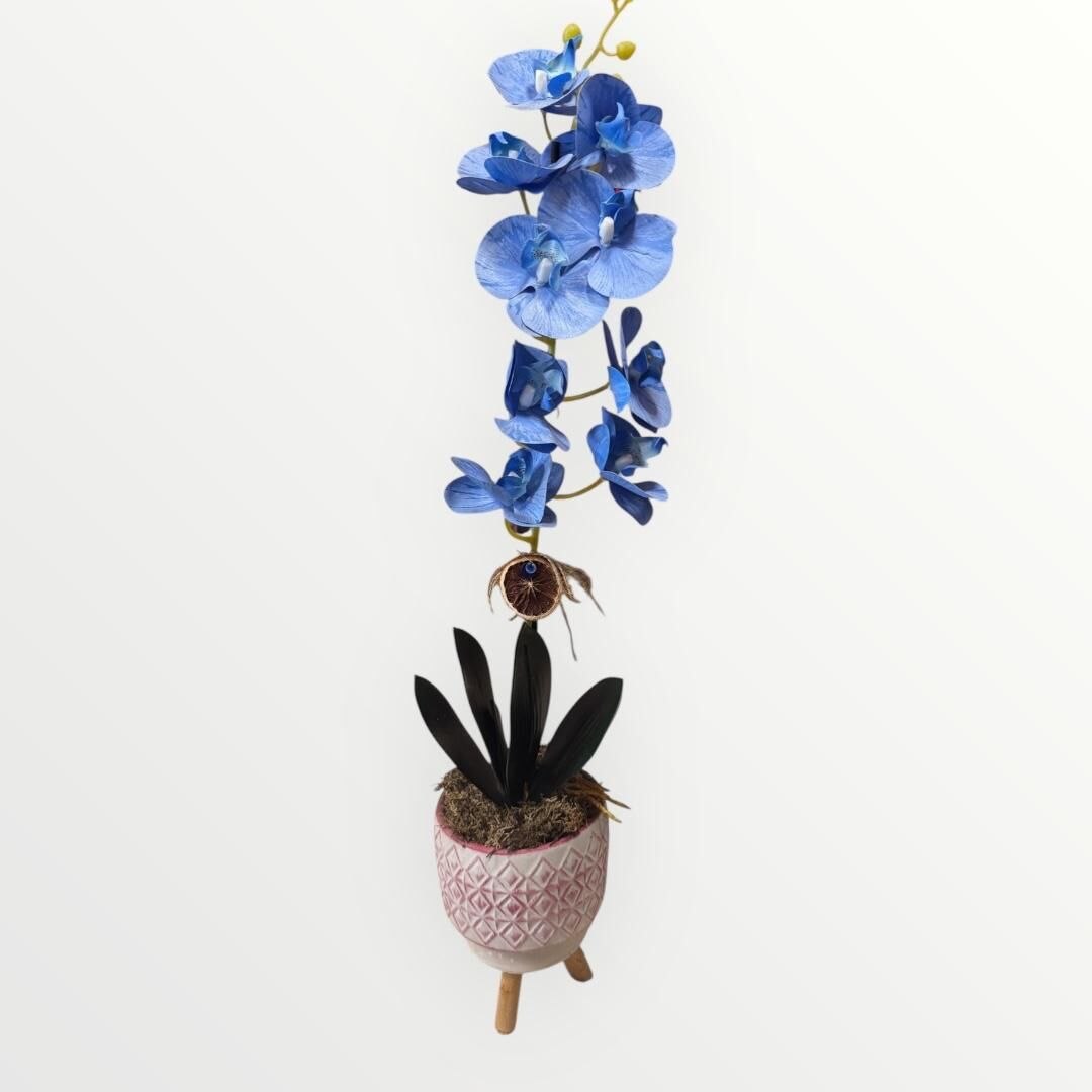 Yapay Tek Dal Mavi Orkide (Ayaklı Saksı)