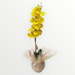 Yapay Tek Dal Sarı Orkide (Cam Fanus)