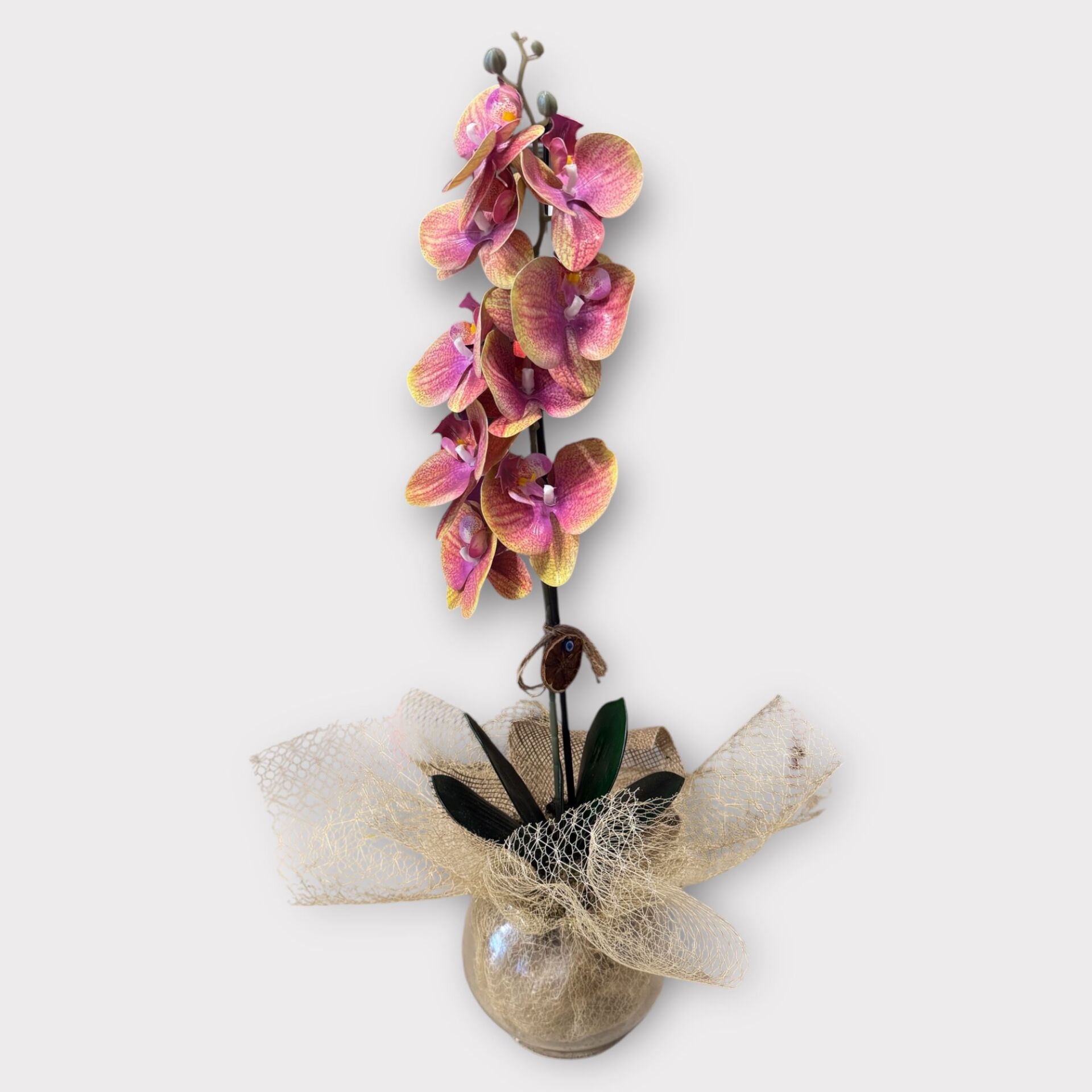 Yapay Tek Dal Pembe Kırçıllı Orkide (Cam Fanus)