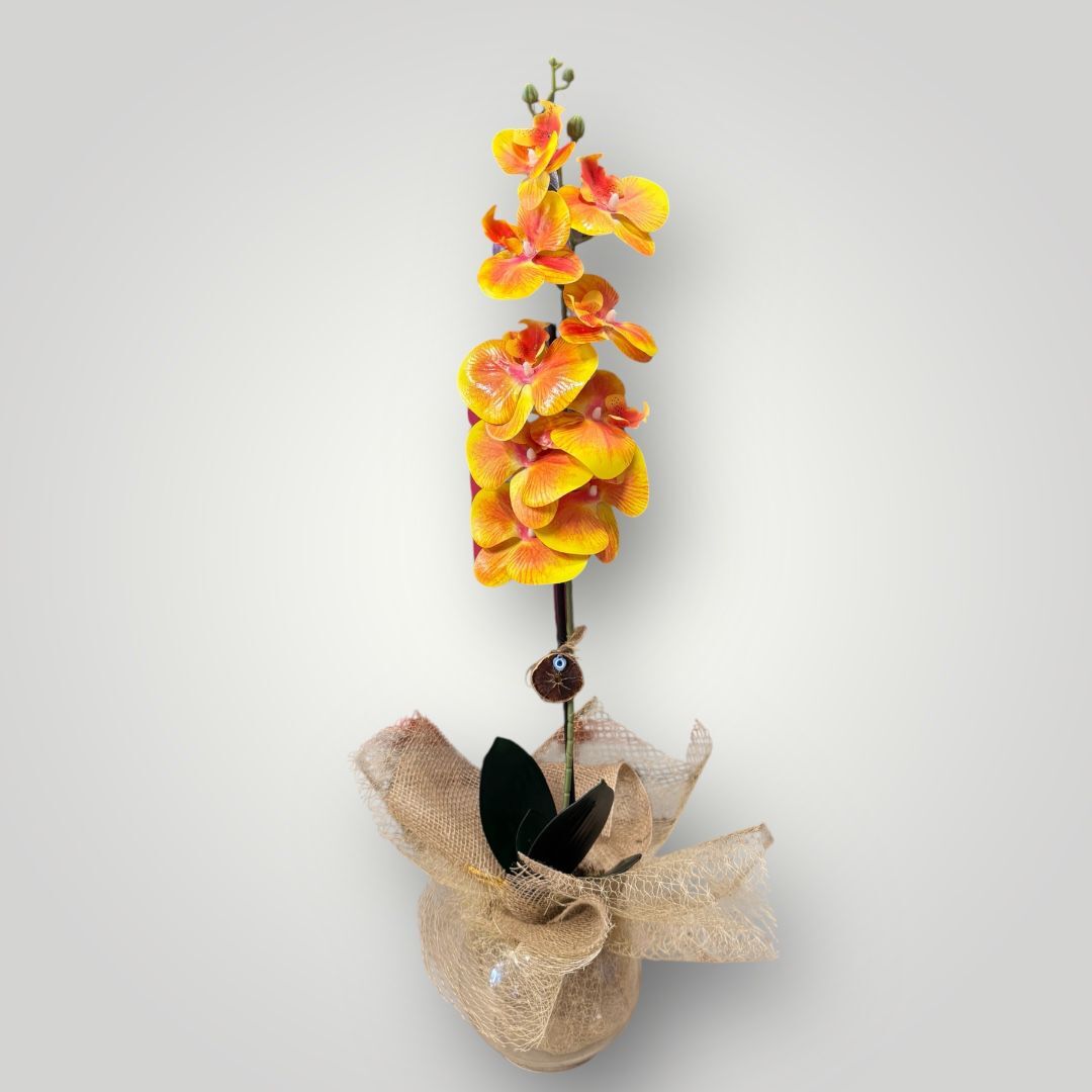 Yapay Tek Dal Turuncu Orkide (Cam Fanus)