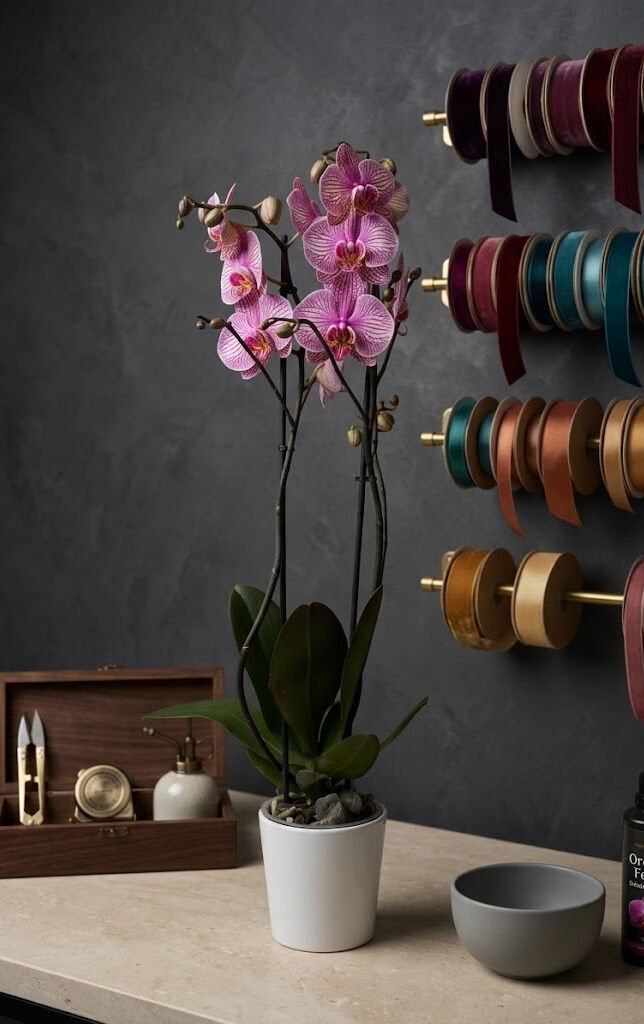 Çift Dallı Pembe Çizgili Phalaenopsis Orkide