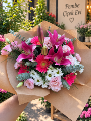 Fuşya Lilyum ve Gerbera Buketi