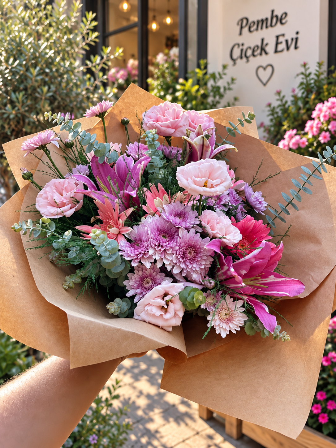 Pembe Lilyum ve Krizantem Buketi