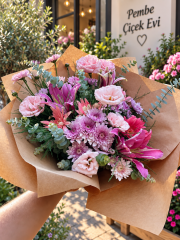 Pembe Lilyum ve Krizantem Buketi